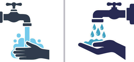 A dual-panel vector graphic illustrating hand hygiene, featuring a silhouette of a hand being washed under a running faucet with soap bubbles and a steady stream of water. © Muhammad
