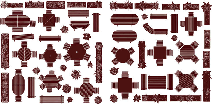 Overhead plan view of diverse outdoor furniture and potted plants for landscape architectural layouts