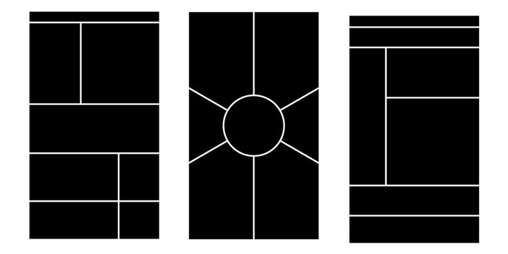 Image collage layout template. Beige mosaic mood board grid collection. Picture frame set. Photo album idea for banner, poster, comic page, flyer, brochure, booklet, memory wall design. Vector pack