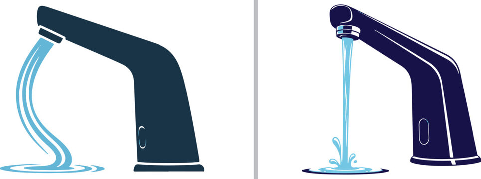 Two modern sensor faucet icons in dark navy blue and light blue tones, showing streams of water flowing and splashing, ideal for representing automated plumbing and touchless hygiene technology.