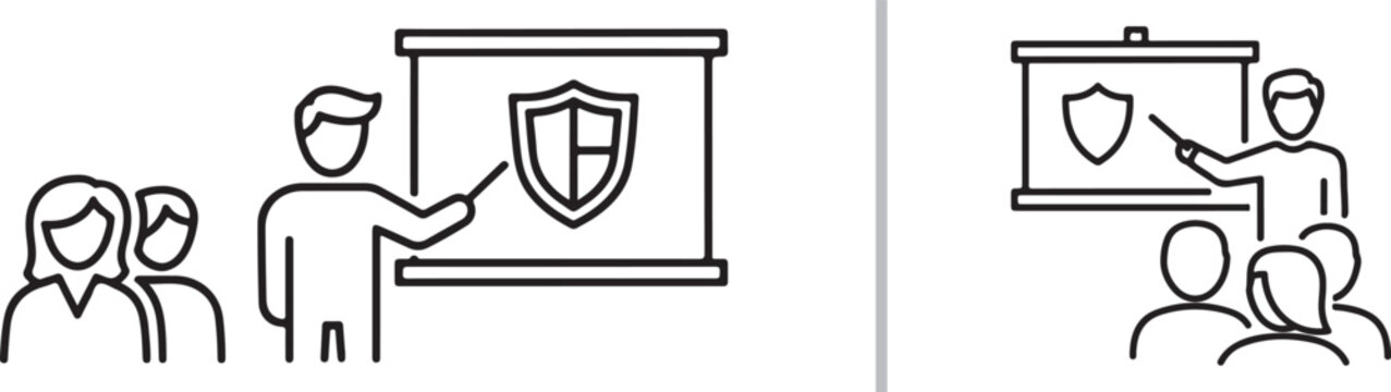 A dual-panel vector illustration showing a person presenting a safety shield icon on a projector screen to an audience, symbolizing workplace safety training or security briefing sessions.