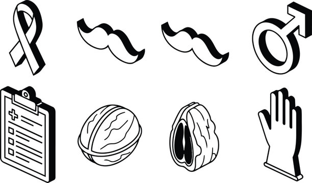 Isometric line art set of mens health icons including ribbon mustache male symbol clipboard walnut glove close up medical checklist bold outline simple monochrome icons collection
