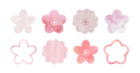 桜の花びらのコラージュ Watercolor Watercolor cherry blossom icon set. Hand-painted pink sakura flowers with marble texture and artistic collage style.