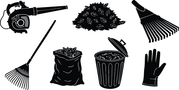 Flat design leaf blower rake and leaf pile with garden glove trash bag and open bin top view simple black silhouette looking down low angle cleaning