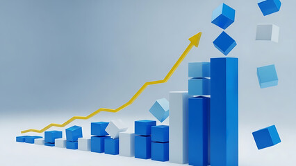 A 3d blue bar graph with a yellow line and falling blue squares on a light blue background showing business data and statistics growth trend