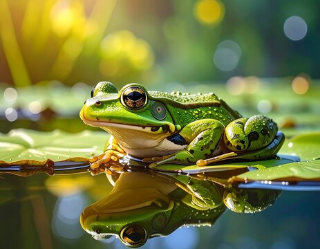 Green Frog Sitting on Lily Pad in Pond Reflection.