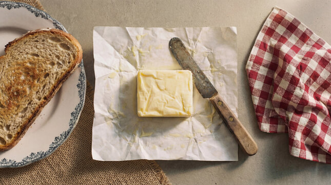 Butter on Parchment Paper with Toasted Bread and Knife
