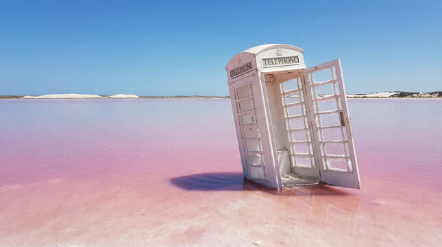 Abandoned White British Phone Booth in Pink Salt Lagoon
