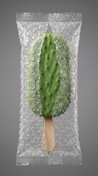 Cactus Ice Cream Wrapped in Bubble Wrap on Gray Background
