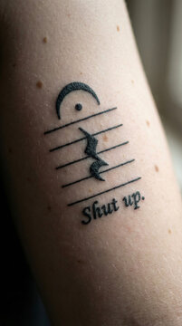 Minimalist Silence Symbol Tattoo with Musical Rest and Text &ldquo;Shut Up&rdquo;
