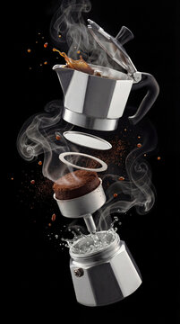 Exploded View of Italian Moka Coffee Maker with Liquid, Grounds and Steam on Black Background
