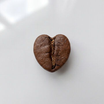 Heart Shaped Coffee Bean Isolated on White Background, Love and Coffee Concept