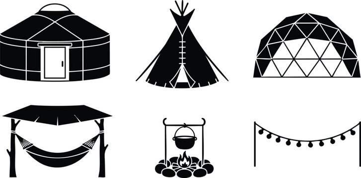 Minimalist vector campsite icon set showing yurt tipi geodesic dome hammock campfire cooking pot string lights front view black silhouette flat design close up simple outline