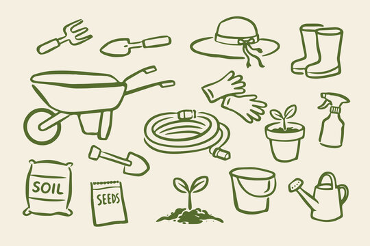 Gardening tools hand drawn doodle set vector illustration