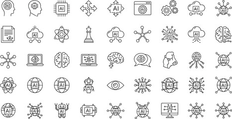 Artificial intelligence icons, machine learning symbols, robotics elements, neural network graphics, AI brain chip, cloud computing, data science, tech interface, automation tools