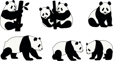 Collection of black and white panda illustrations © MSTNAZIA