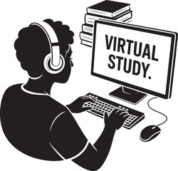 A student wearing headphones studies intently using a computer and reference books