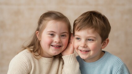Portrait of girl with Down syndrome whispering in boy's ear. Happy children sharing secret and smiling. Sibling friendship and inclusion concept