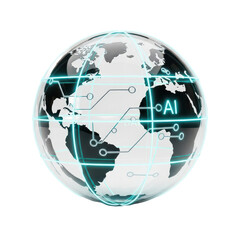Digital globe with network lines and ai on transparent background