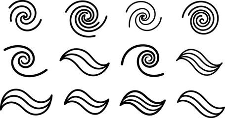 Fototapeta premium Collection of swirling wave and spiral shapes in black lines