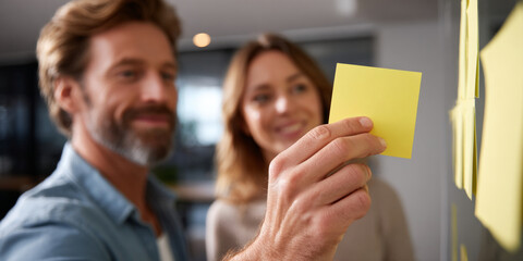 Two colleagues collaborating in modern using yellow sticky notes on glass wall for brainstorming ideas and planning