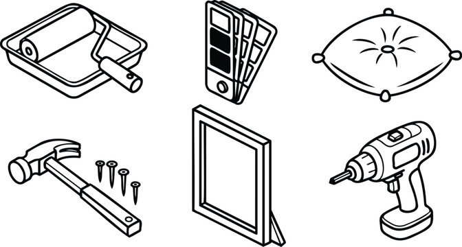 Line art isometric diy home renovation icon set paint roller tray color swatches tufted pillow hammer with nails picture frame easel cordless drill angled view outline