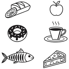 Fototapeta premium Collection of simple black and white line art icons representing various food items including bread fruit a donut coffee fish and a slice of pizza