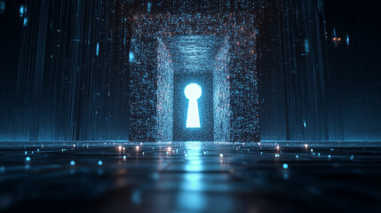 Glowing digital portal with keyhole in blue tones representing cybersecurity access and data protection with copy space