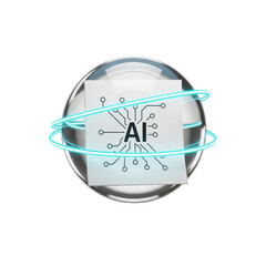 Artificial intelligence circuit board inside glowing sphere on transparent background