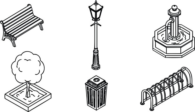Isometric line art park elements set showing bench and vintage lamp post with fountain and tree and trash can and bike rack and planter top angle