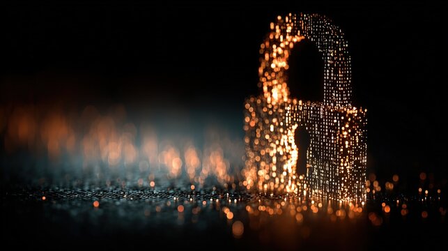 Futuristic cyber security illustration. Wireframe closed lock on blue blur background. Padlock technology, cybersecurity, and digital connection
