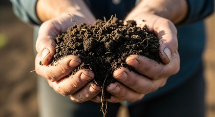 Hands holding dark soil with roots and seedling