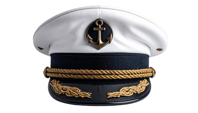 Navy captain hat isolated on transparent background, high-quality PNG with classic maritime design, perfect for nautical themes, uniforms, costumes, and marine branding visuals.