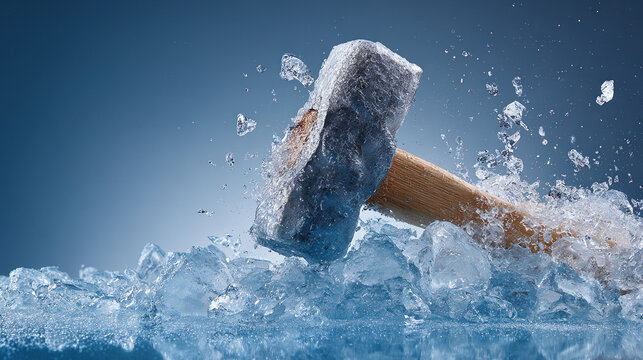Breaking Through: An impressive shot captures a hammer's powerful impact as it smashes into a pile of ice, sending fragments flying and conveying a sense of intense force and transformation.