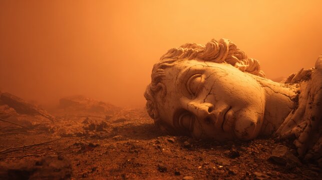 Ancient marble statue head lying on dusty ground with orange mist
