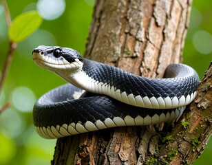 Fototapeta premium Black and White Snake Coiled on Tree Trunk.