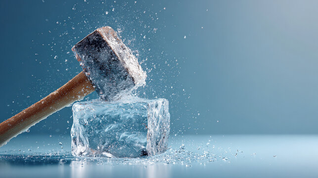 Shattering Ice: A close-up view captures the decisive moment of a wooden hammer smashing against a pristine ice cube, sending icy shards flying in a display of power and precision.