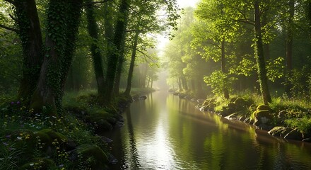 Obraz premium Deep woodland river surrounded by summer blossoms