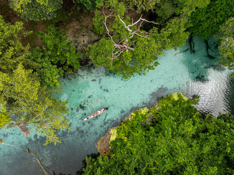 Aerial view of the crystal-clear turquoise waters meander through lush emerald forests, Espiritu Santo, Sanma Province, Vanuatu.