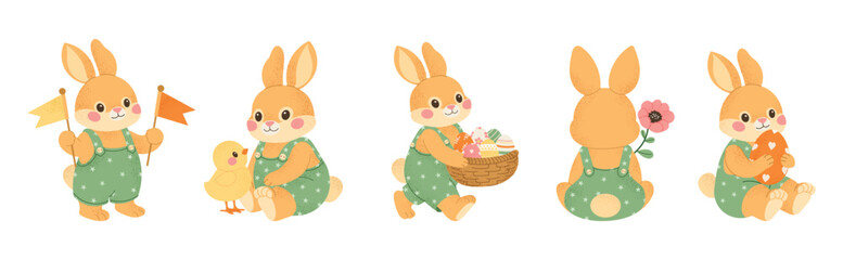 Cute Easter bunny set with spring elements. Funny rabbit character with eggs, chick, flower. Adorable animal illustration for Easter holiday, kids design. Flat vector illustration.
