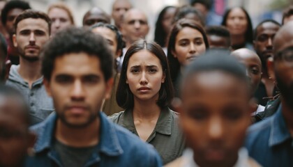 Obraz premium Concerned young woman with a serious expression stands out in sharp focus from a large, blurred, diverse crowd, looking directly at the camera with a somber mood