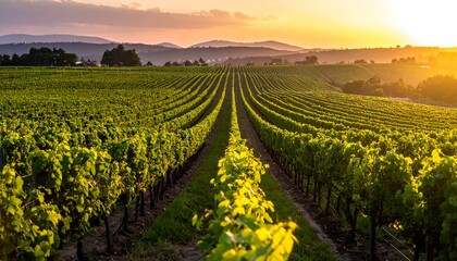 Vineyard Rows at Sunset - A Serene Landscape of Wine Country.