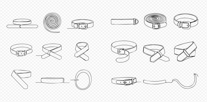 Set of hand-drawn belts in various shapes and configurations, fashion accessories sketch collection.