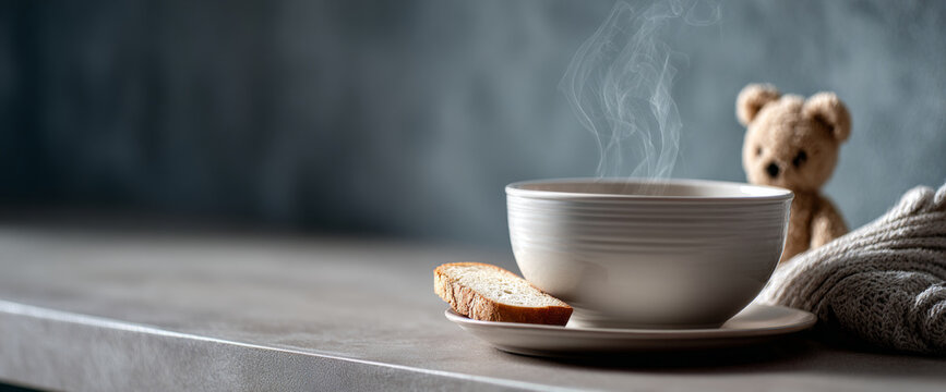 Steaming hot bowl of soup with slice of bread on plate beside cozy knitted blanket and teddy bear on gray surface