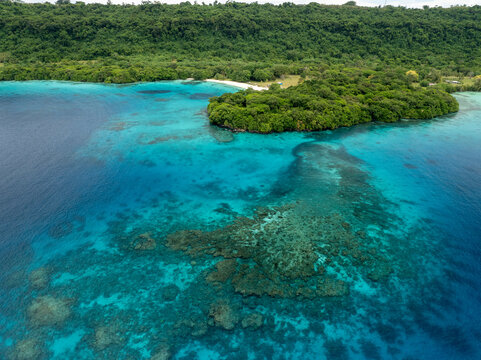 Aerial view of the vibrant turquoise sea meeting the lush green island, a tropical paradise of contrasting blues and greens, Espirito Santo, Sanma Province, Vanuatu.