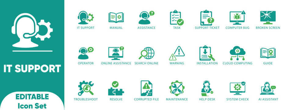 IT Support Help Desk Customer Service Technical Assistance Chatbot Vector Icon Set
