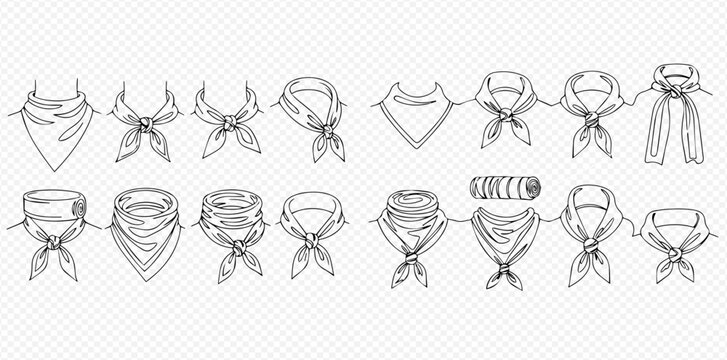Set of various hand-drawn neckerchief and bandana styles for fashion and accessory design.