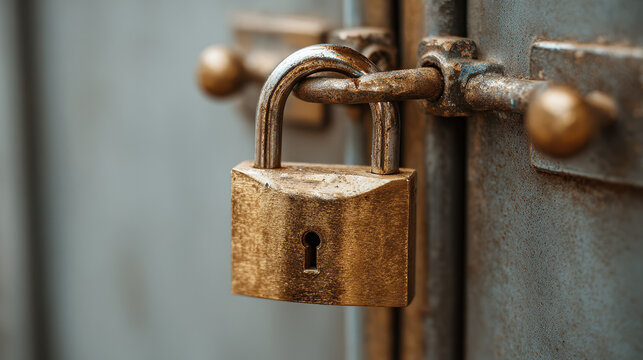 Secure Gateway: A weathered, robust padlock secures a door, the metallic texture hinting at untold secrets and unwavering protection. - Powered by Adobe