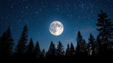 Moonlit Night: The radiant full moon casts an ethereal glow over the silhouettes of towering trees against a backdrop of twinkling stars, painting a serene and captivating scene.