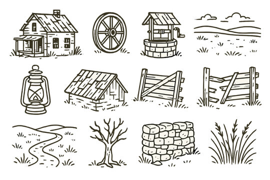 Forgotten Farm Icons. Line style icons of Forgotten Farms: Abandoned House, Wagon Wheel, Dry Well, Vast Prairie; Rusted Lantern,